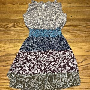 cabi dress mini small sleeveless ruffle neck knee length floral paisley